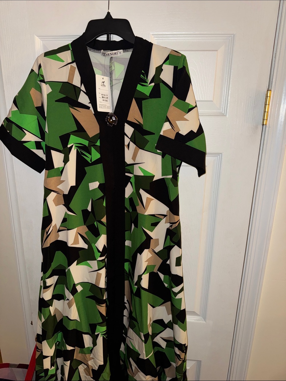 Abstract Green Geometric Maxi Dress with Black Trim